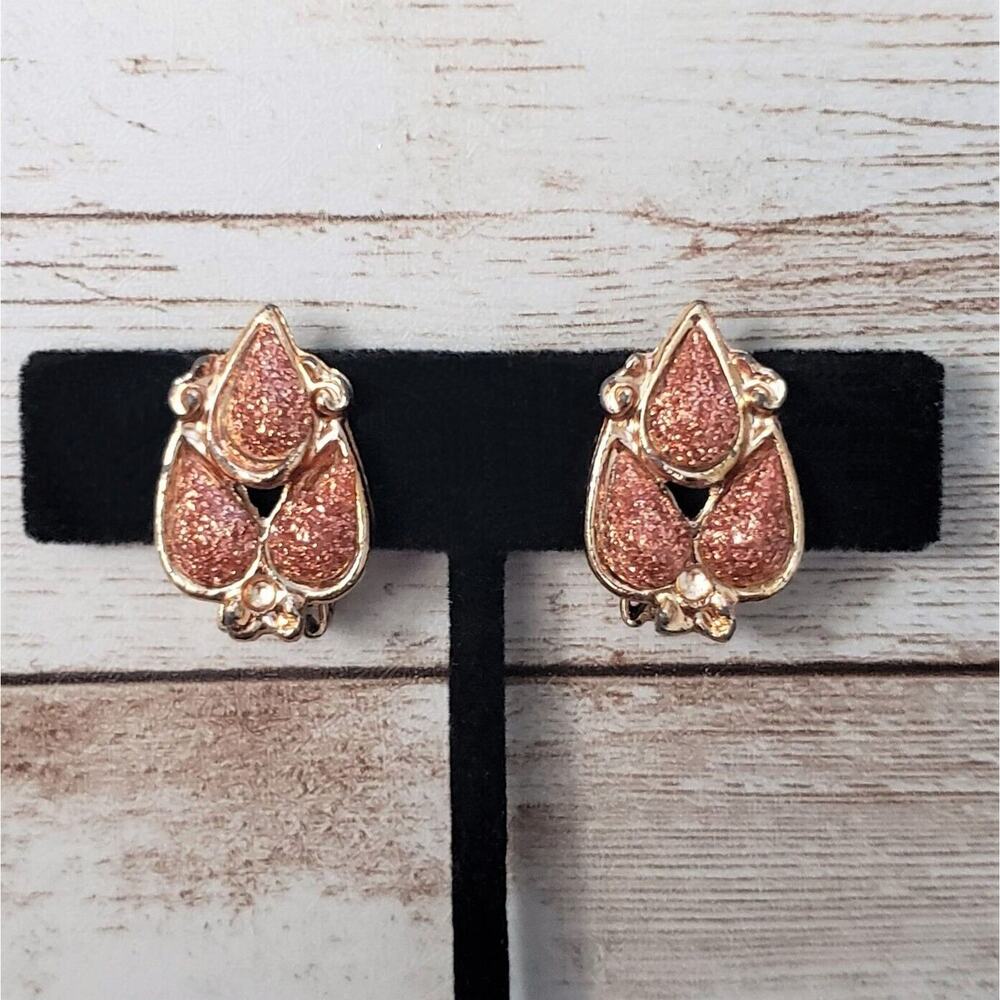 Vintage Clip On Earrings Gold Tone with Glitter Trio 1"